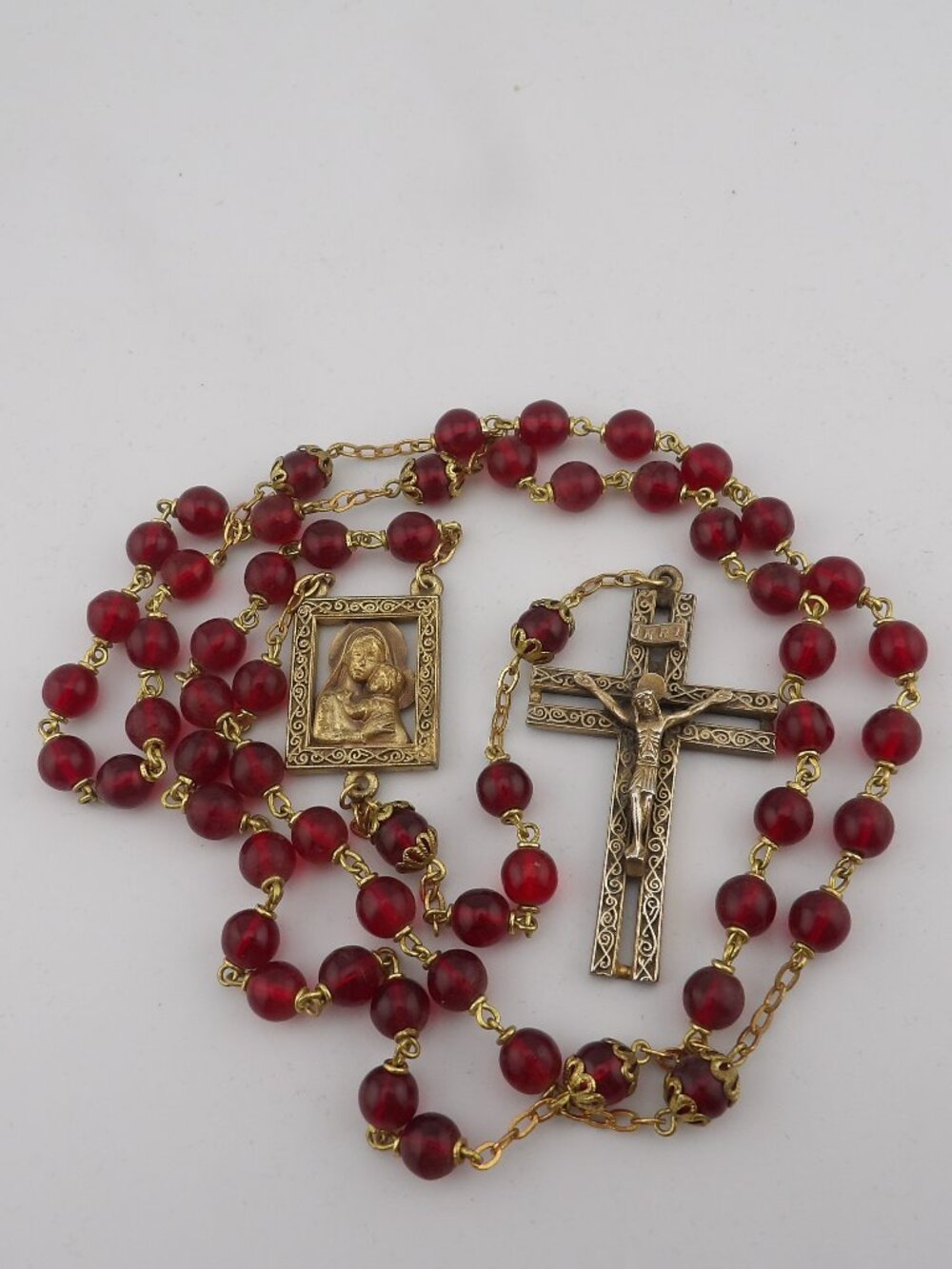 Antique Red Glass Rosary Beads and Brass Crucifix